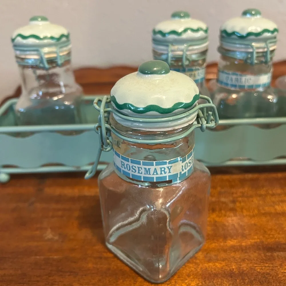 Vintage Aqua Ceramic-Top Spice Jar Set with Carrier